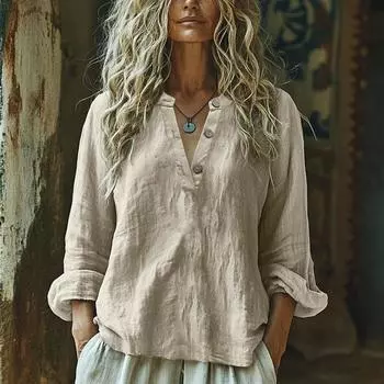 Женская модная и повседневная однотонная рубашка с V-образным вырезом на пуговицах и длинными рукавами из хлопка и льна XXL бежевый