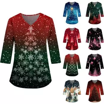 Женская модная и повседневная рождественская футболка с рукавом три четверти M винный