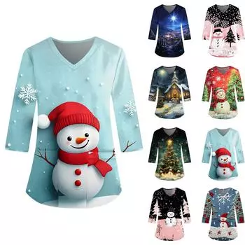 Женская модная и повседневная рождественская футболка с рукавом три четверти XXL розовый