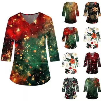 Женская модная и повседневная рождественская футболка с рукавом три четверти XL чёрный
