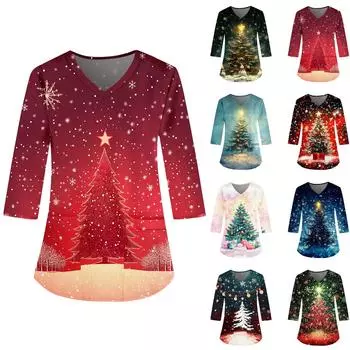 Женская модная и повседневная рождественская футболка с рукавом три четверти L