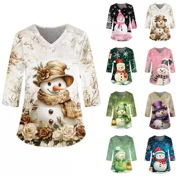 Женская модная и повседневная рождественская футболка с рукавом три четверти XXL синий