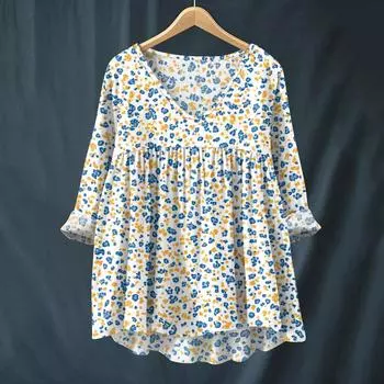 Женская модная и повседневная рубашка с длинным рукавом, V-образным вырезом и принтом, блузка из хлопка и льна L синий