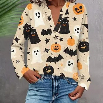 Женская модная и повседневная рубашка с длинным рукавом, V-образным вырезом, на пуговицах, с принтом, блузка, топ L бежевый