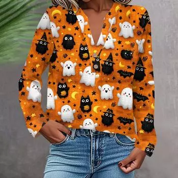 Женская модная и повседневная рубашка с длинным рукавом, V-образным вырезом, на пуговицах, с принтом, блузка, топ XXL оранжевый