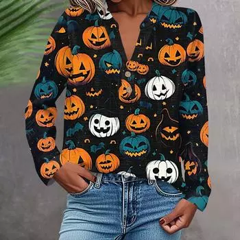 Женская модная и повседневная рубашка с длинным рукавом, V-образным вырезом, на пуговицах, с принтом, блузка, топ XL синий