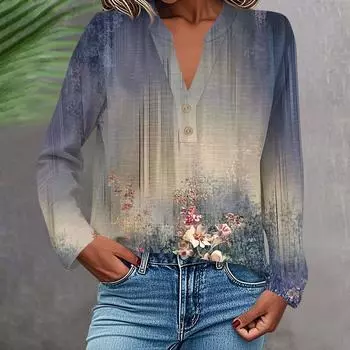 Женская модная и повседневная рубашка с длинным рукавом, V-образным вырезом, на пуговицах, с принтом, блузка, топ L фиолетовый