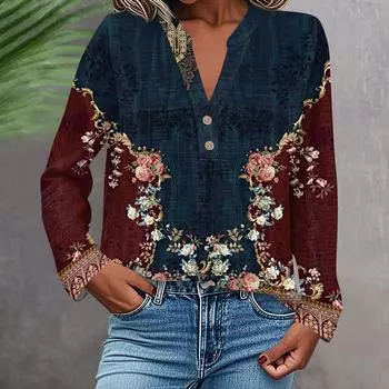 Женская модная и повседневная рубашка с длинным рукавом, V-образным вырезом, на пуговицах, с принтом, блузка, топ L винный