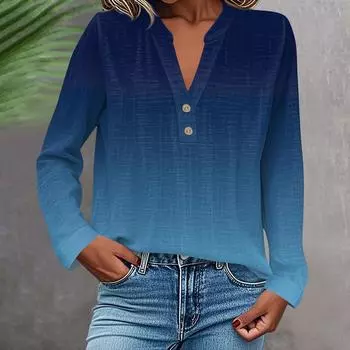 Женская модная и повседневная рубашка с длинным рукавом, V-образным вырезом, на пуговицах, с принтом, блузка, топ L синий