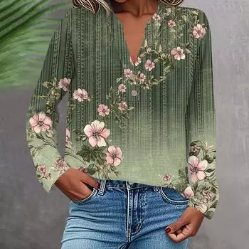 Женская модная и повседневная рубашка с длинным рукавом, V-образным вырезом, на пуговицах, с принтом, блузка, топ L армия зеленый