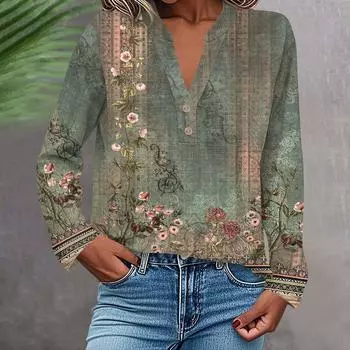 Женская модная и повседневная рубашка с длинным рукавом, V-образным вырезом, на пуговицах, с принтом, блузка, топ L армия зеленый