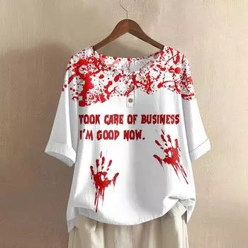 Женская модная и повседневная рубашка с полурукавом, круглым вырезом и принтом, блузка, топ S киноварь