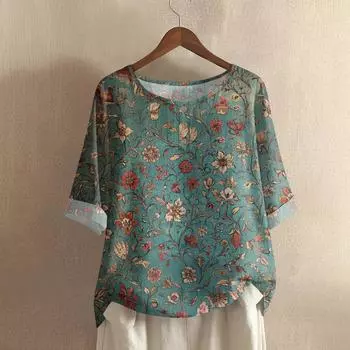 Женская модная и повседневная рубашка с полурукавом, круглым вырезом и принтом, блузка, топ XL зелёный