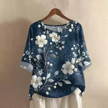 Женская модная и повседневная рубашка с полурукавом, круглым вырезом и принтом, блузка, топ XL тёмно-синий
