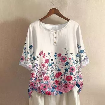 Женская модная и повседневная рубашка с полурукавом, круглым вырезом и принтом, блузка, топ M бежевый