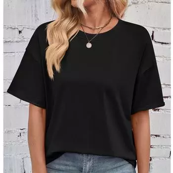Женская модная и повседневная свободная однотонная футболка с круглым вырезом и короткими рукавами с бахромой L чёрный