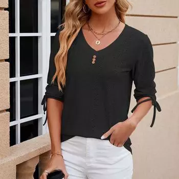 Женская модная и универсальная элегантная однотонная футболка с v-образным вырезом на пуговицах и средними рукавами L чёрный