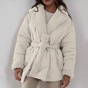 Женская модная и универсальная дизайнерская утолщенная хлопковая короткая куртка с поясом на талии L бежевый