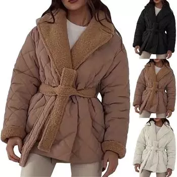 Женская модная и универсальная дизайнерская утолщенная хлопковая короткая куртка с поясом на талии M бежевый