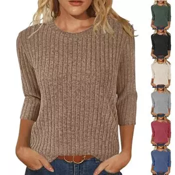 Женская модная и зимняя повседневная футболка с круглым вырезом и рубчиком, однотонная, с рукавом три четверти, женская одежда L чёрный