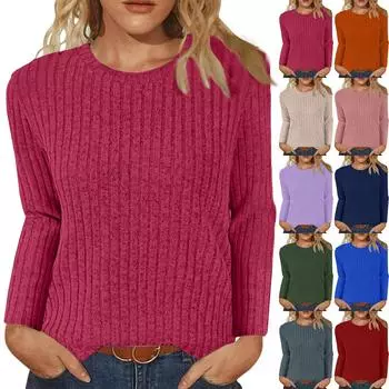 Женская модная и зимняя повседневная футболка с круглым вырезом и длинным рукавом в рубчик, однотонная женская одежда M темно-синий