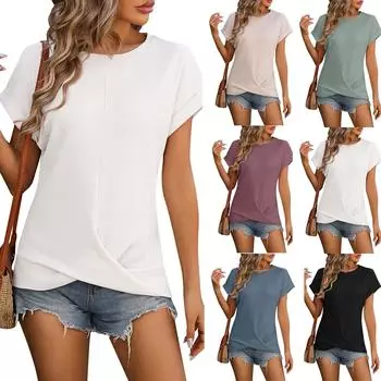 Женская модная классическая однотонная свободная футболка с коротким рукавом и круглым вырезом