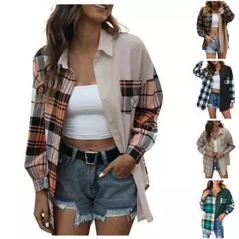 Женская модная клетчатая рубашка с длинным рукавом и V-образным вырезом