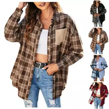 Женская модная клетчатая рубашка с длинным рукавом и V-образным вырезом