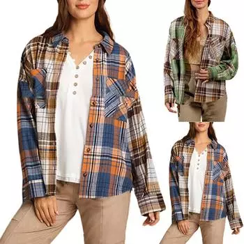 Женская модная клетчатая рубашка с длинным рукавом и карманом на пуговицах L синий