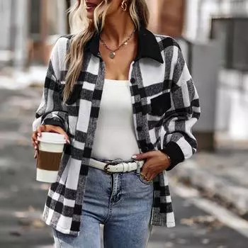 Женская модная клетчатая свободная повседневная осенняя и зимняя куртка с длинными рукавами M чёрный