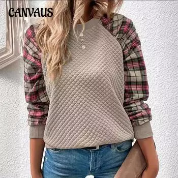 Женская модная клетчатая толстовка с длинным рукавом и круглым вырезом больших размеров S коричневый