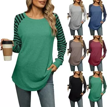 Женская модная контрастная полосатая лоскутная футболка с круглым вырезом и длинными рукавами, фрак L чёрный