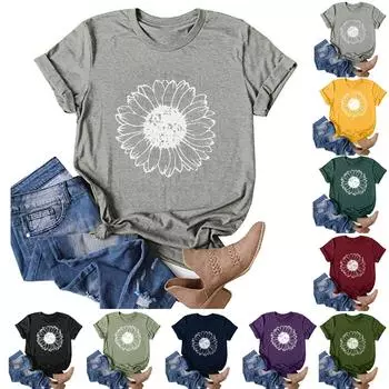 Женская модная короткая футболка с цветочным принтом и круглым вырезом, свободная блузка, верхняя рубашка L