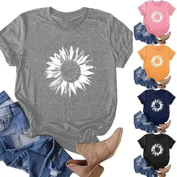 Женская модная короткая футболка с цветочным принтом и круглым вырезом, свободная блузка, верхняя рубашка L чёрный