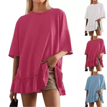 Женская модная короткая футболка с круглым вырезом, свободная блузка, верхняя рубашка M чёрный