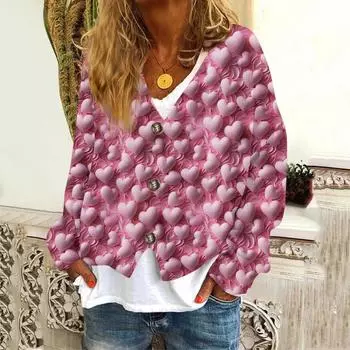 Женская модная короткая куртка, повседневная, с длинными рукавами, с принтом ко Дню святого Валентина, однобортный плюшевый топ L горячий розовый