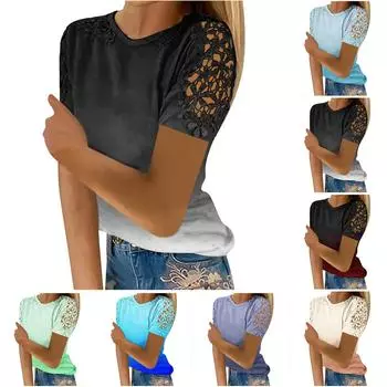 Женская модная кружевная футболка с круглым вырезом и коротким рукавом