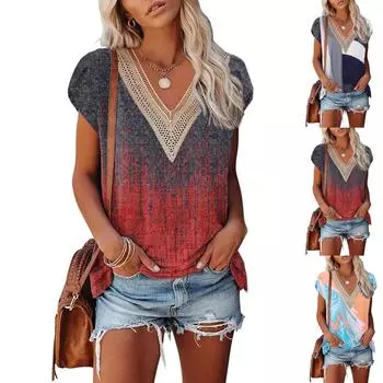 Женская модная кружевная футболка с v-образным вырезом и принтом, свободная футболка с короткими рукавами и лепестками, топ L синий