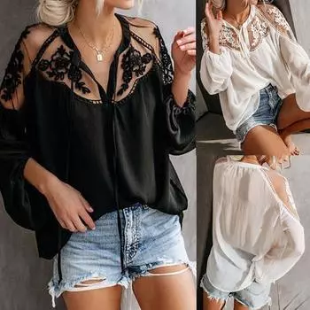 Женская модная кружевная лоскутная блузка с длинным рукавом, повседневные свободные топы, футболка M чёрный