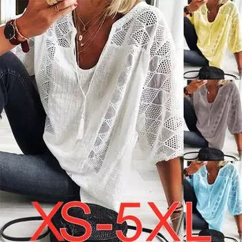 Женская модная кружевная лоскутная блузка с v-образным вырезом, свободная блузка размера плюс, рукав 3/4, однотонные осенние рубашки из хлопка и льна, топы L чёрный