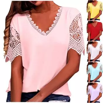 Женская модная кружевная лоскутная свободная футболка с v-образным вырезом и коротким рукавом