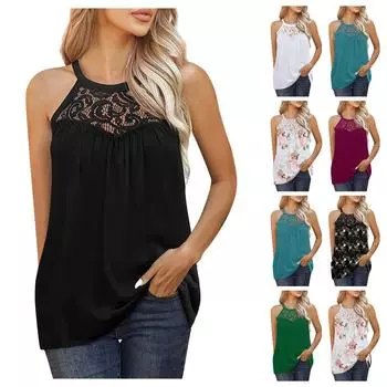 Женская модная кружевная плиссированная футболка без рукавов L чёрный