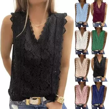 Женская модная кружевная рубашка без рукавов, однотонная футболка с v-образным вырезом