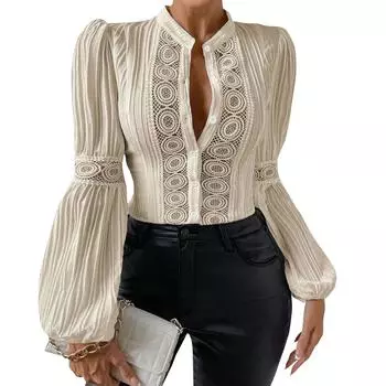 Женская модная кружевная рубашка с длинным рукавом и воротником-стойкой, однотонная L бежевый