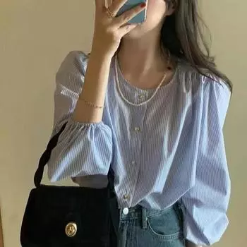 Женская модная кружевная рубашка с длинным рукавом и V-образным вырезом, круглым вырезом, кружевом и пуговицами L синий