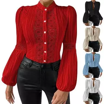 Женская модная кружевная рубашка с длинным рукавом и воротником-стойкой, однотонная L бежевый