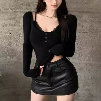 Женская модная кружевная рубашка с длинным рукавом и U-образным вырезом, с круглым вырезом, на пуговицах L чёрный