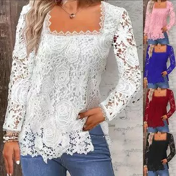 Женская модная кружевная рубашка с квадратным вырезом, пуловер с длинными рукавами, элегантные удобные женские однотонные топы XL красный
