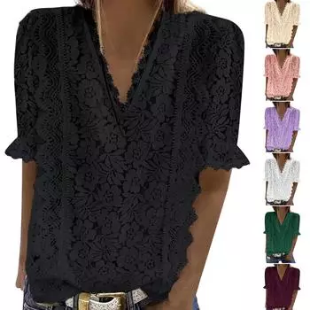 Женская модная кружевная рубашка со средним рукавом, однотонная футболка с v-образным вырезом