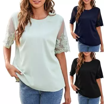 Женская модная кружевная шифоновая рубашка с круглым вырезом и коротким рукавом L чёрный